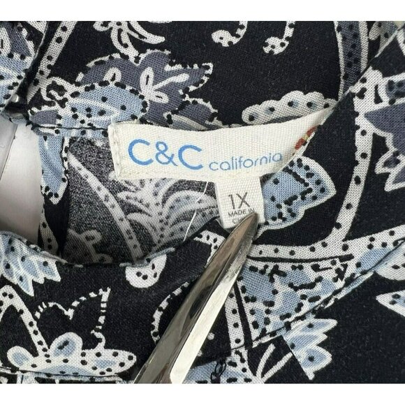C&C California Women's Top 1X Black Blue White Floral Blouse Shirt Mock Neck L/S - Picture 3 of 8